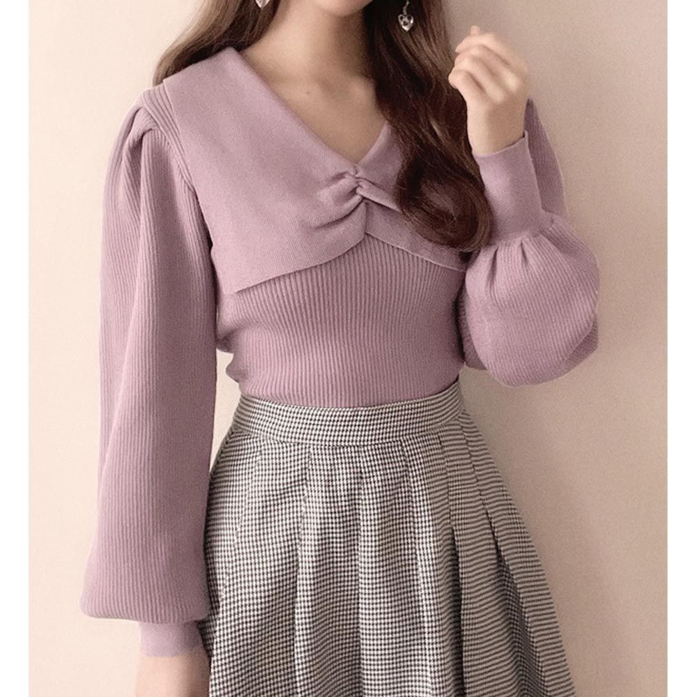 日本 GRL - 甜美V領抓皺羅紋彈性針織上衣-紫粉