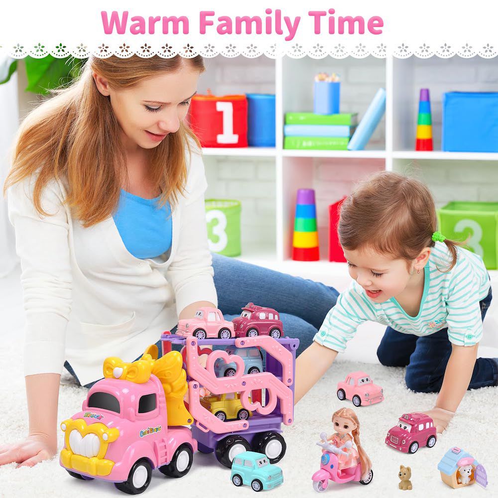 仿真聲光粉紅公主三層運輸卡車套裝玩具