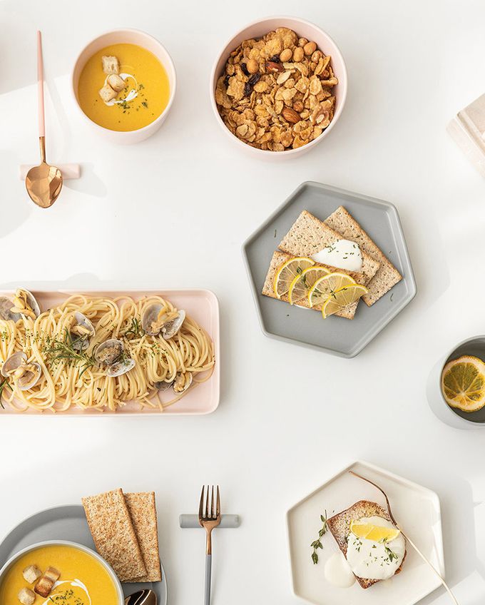 韓國 SSUEIM - Mariebel系列莫蘭迪陶瓷碗盤餐具12件組(粉+灰)