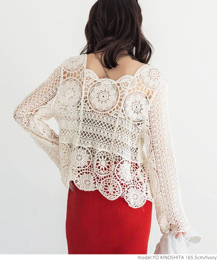 日本 COCA - 萬花筒雕花鉤針罩衫-淺杏