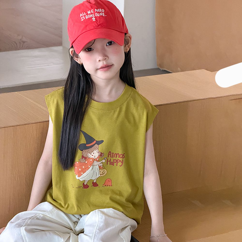 純棉手繪風美式休閒無袖上衣-萬聖節女孩-黃綠色