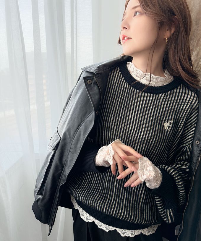 日本 Classical Elf - 刺繡logo 線條感針織長袖上衣-橘紅x米