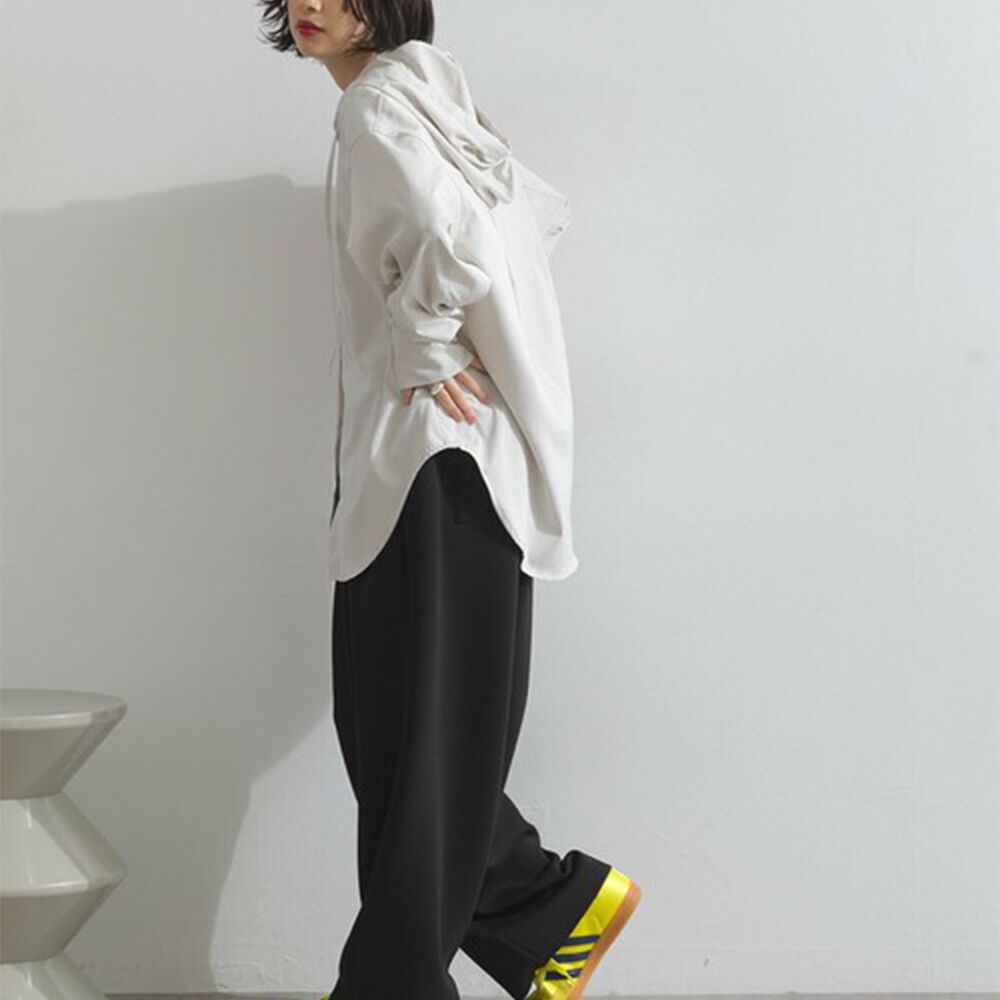 復古風磨毛寬版連帽長袖襯衫-灰杏