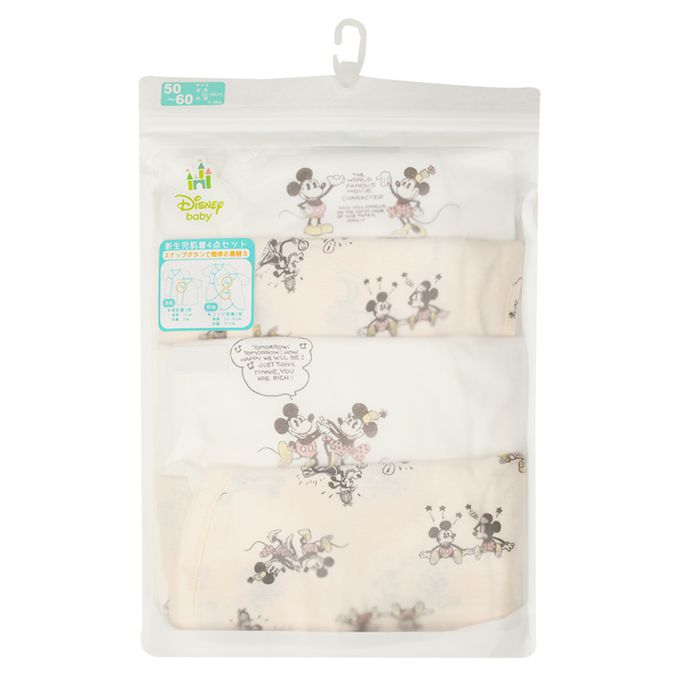 akachan honpo - 新生兒內衣4件組-米奇、米妮-淺卡其色 (50~60cm)