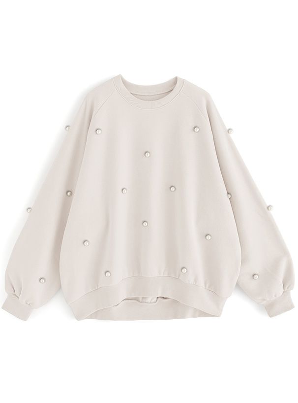 日本 GRL - 圓領磨毛珍珠點綴大學T-灰藍 (F)