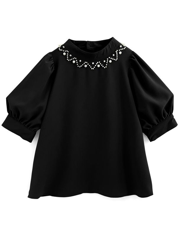 日本 GRL - 優雅珍珠點綴圓領澎澎袖上衣-淺米杏 (F)