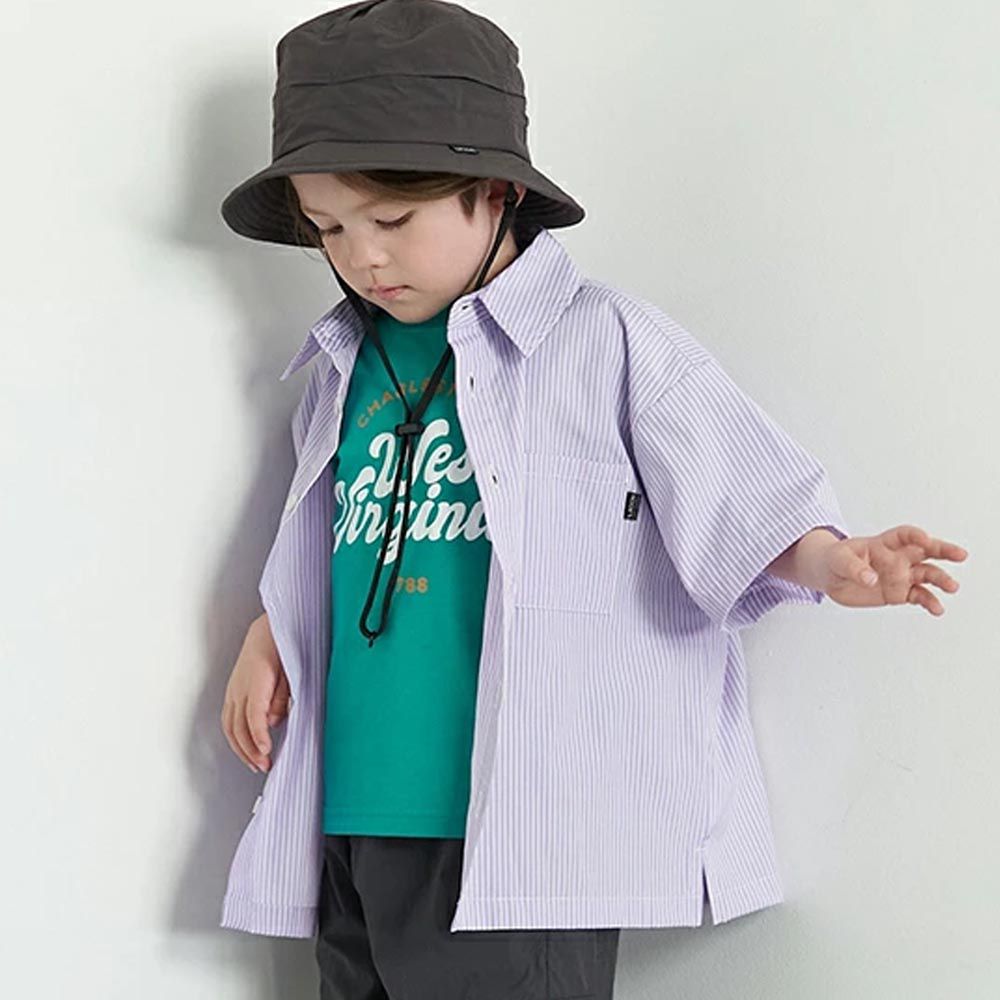 日本 b-ROOM - 時髦寬鬆短袖襯衫-細條紋-淺紫