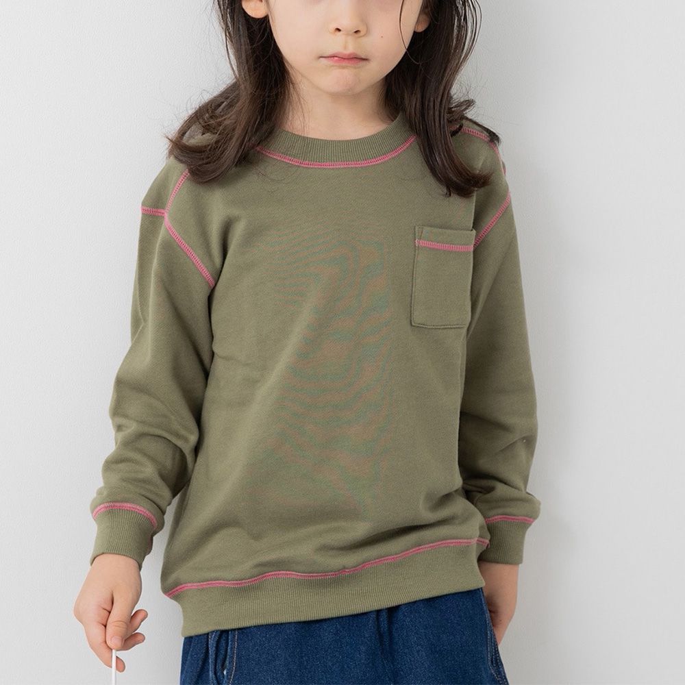 配色縫線簡約裏毛長袖上衣-軍綠x粉紅線