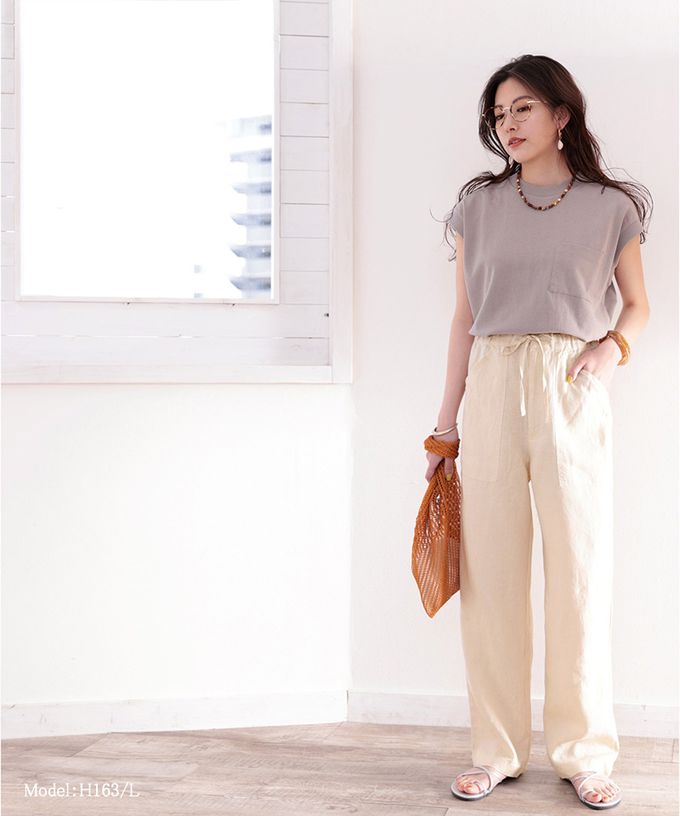 日本 Classical Elf - 100%亞麻透氣垂墜感抽繩寬褲-軍綠