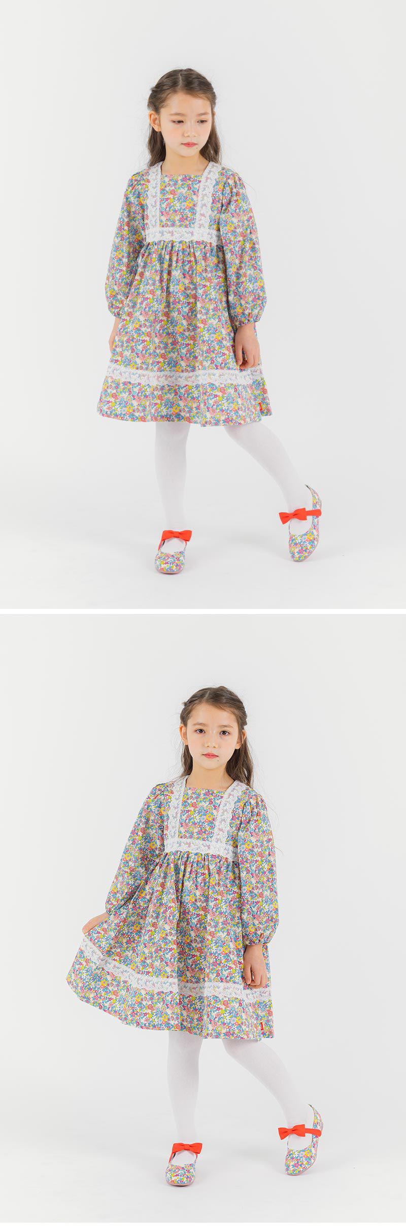 韓國 OZKIZ - 蕾絲裝飾彩色花園長袖洋裝