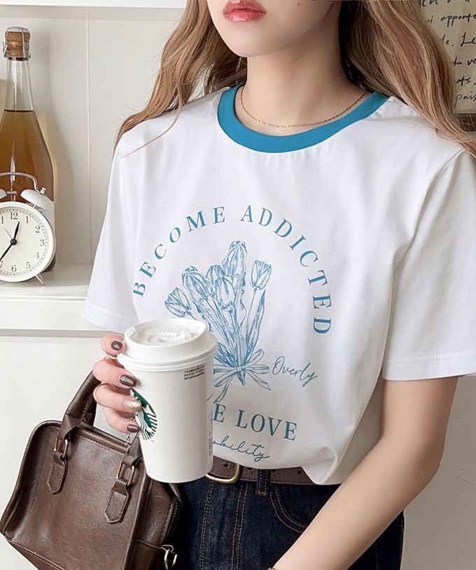 日本 Classical Elf - 法式休閒花束滾邊短袖上衣-白x黑