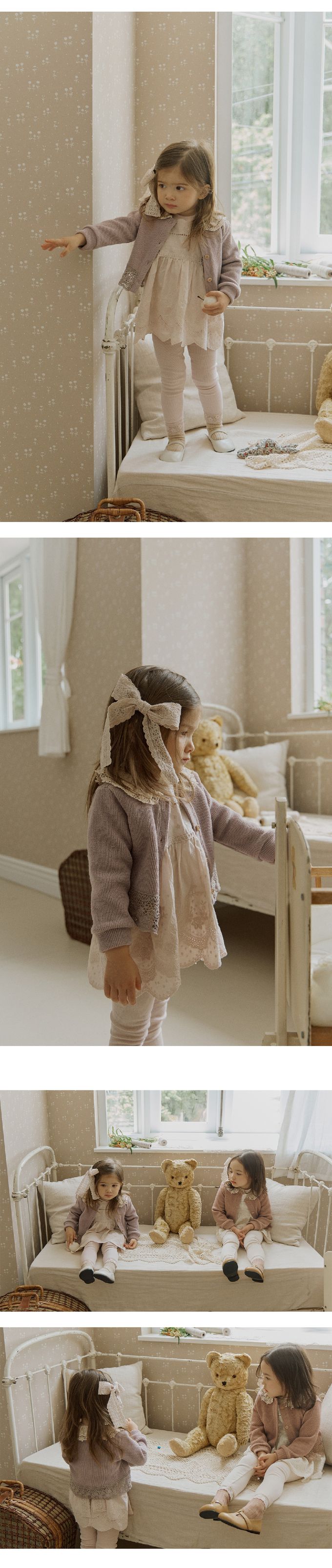 韓國 Puellaflo - 蕾絲翻領鏤空針織鈕扣外套-葡萄紫