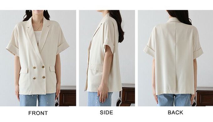 日本 BLUE EAST - 亞麻感氣質金釦短袖西裝外套-黑