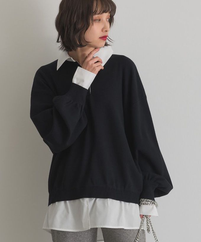 日本 ELENCARE DUE - 假二件襯衫領輕盈落肩長袖上衣-黑x白