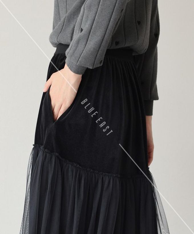 日本 BLUE EAST - 薄紗絲絨拼接飄逸長裙-(可選長度)-深藍