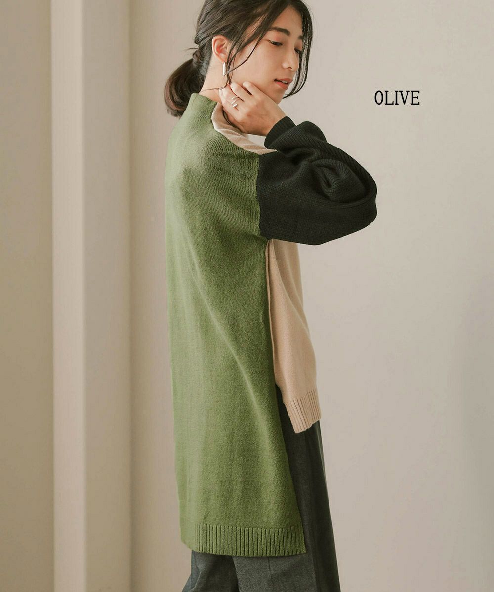 日本 Bou Jeloud - 撞色拼接前短後長立領針織毛衣-黑杏焦糖