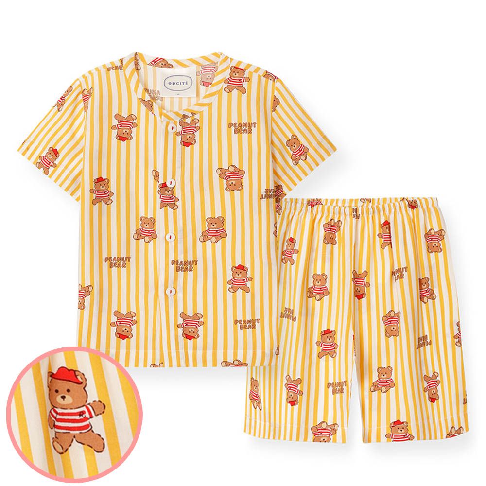 (男寶)輕柔嫘縈短袖睡衣套裝-直紋熊熊-橙黃