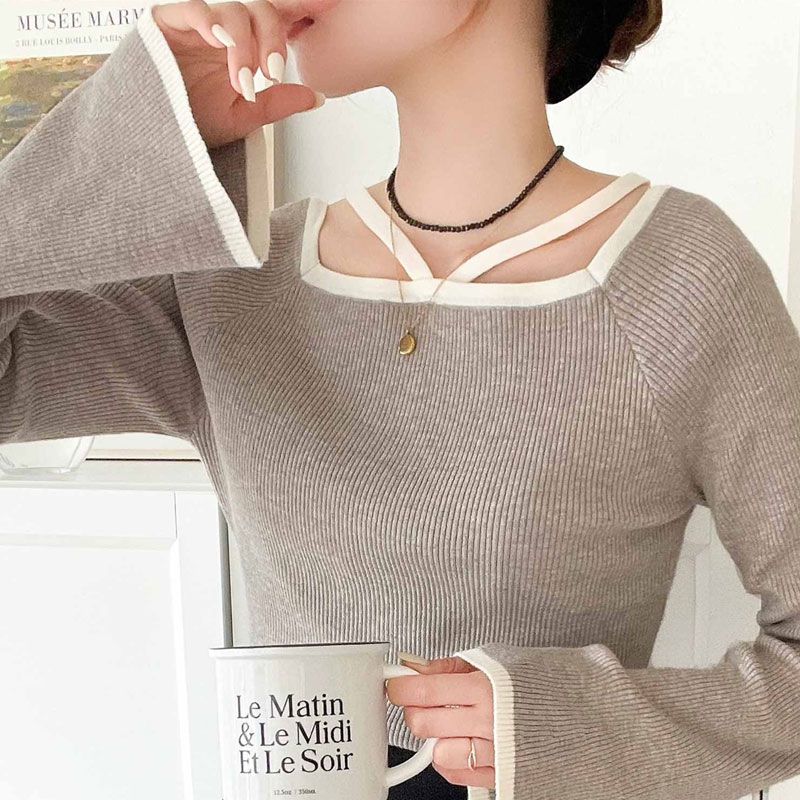 日本 Classical Elf - 氣質彈性微喇叭袖薄針織上衣-米杏