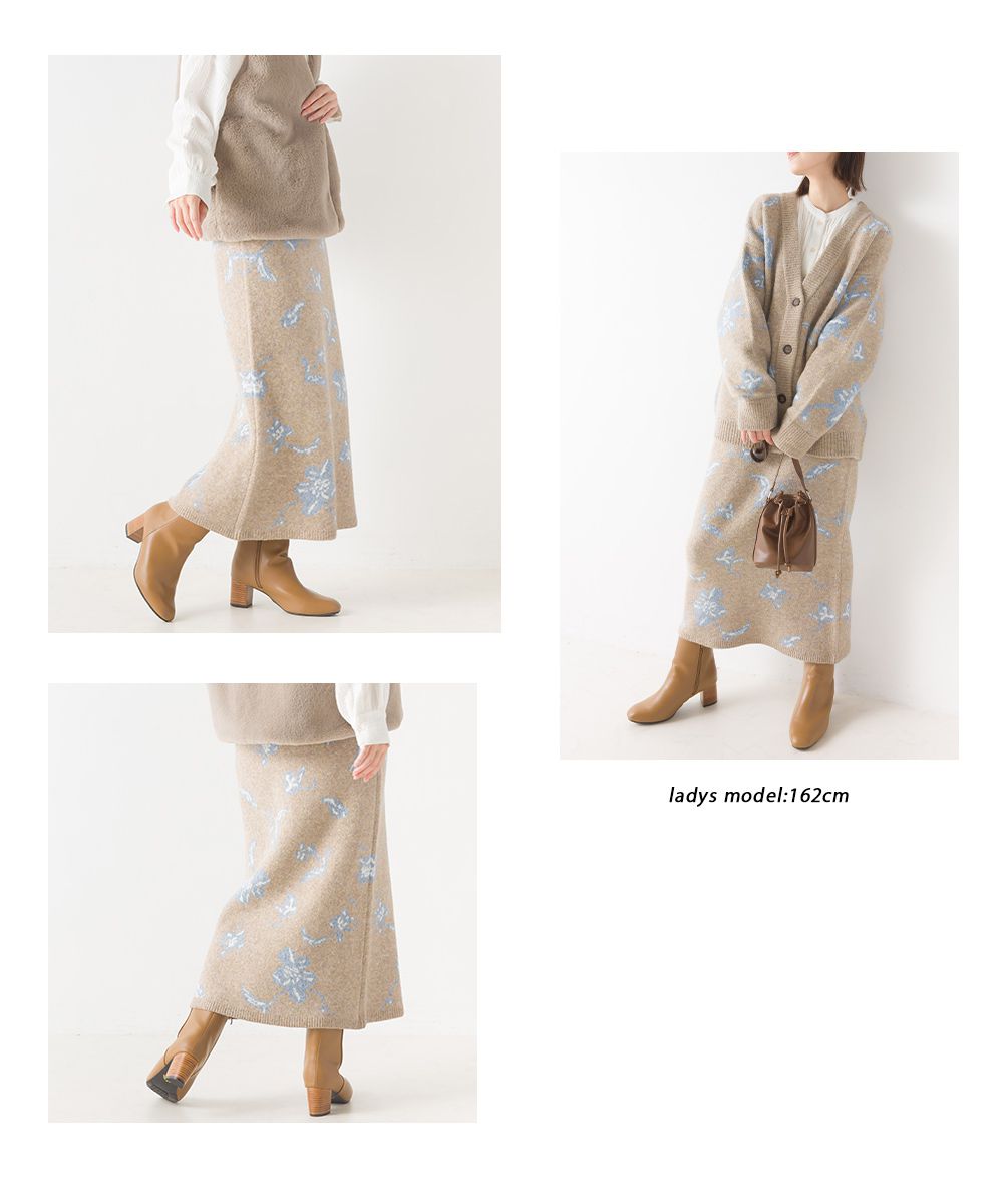 日本 OMNES - 優雅花朵柔軟針織長裙-氣質灰