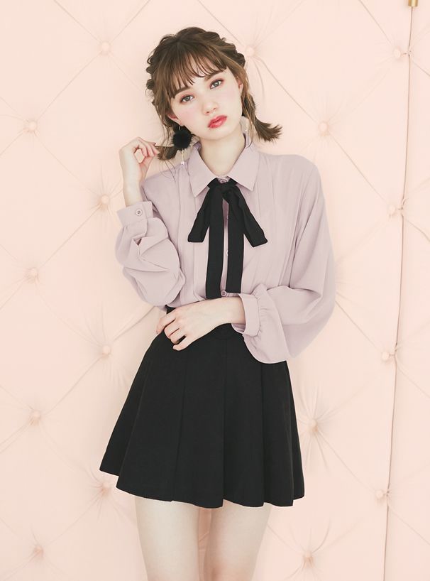 日本 GRL - 大黑蝴蝶結綁帶雪紡長袖襯衫-白