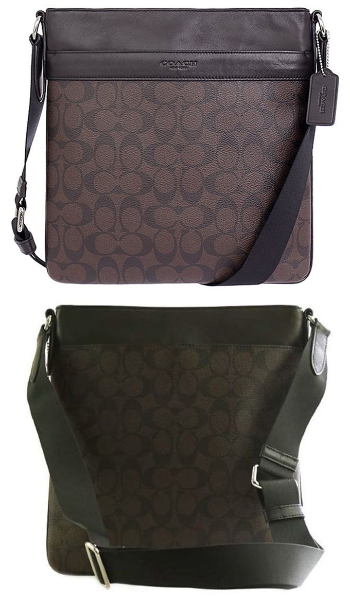 COACH - 滿版LOGO拼接皮革斜背包 (咖啡)