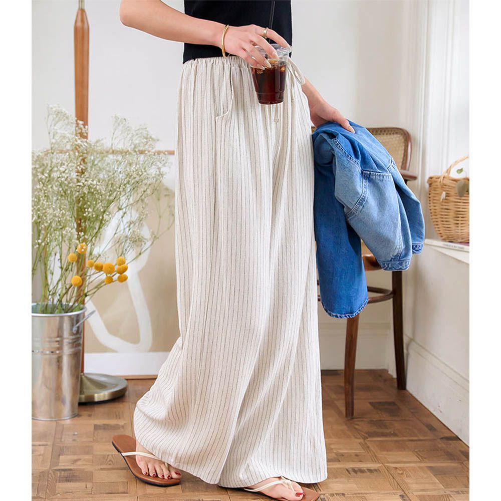 清爽棉麻鬆緊休閒寬褲-直紋-象牙 (F)