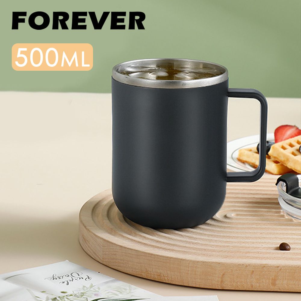 日本FOREVER - (買一送一) 304不鏽鋼雙層保溫馬克杯/茶杯500ml-黑色(附蓋)