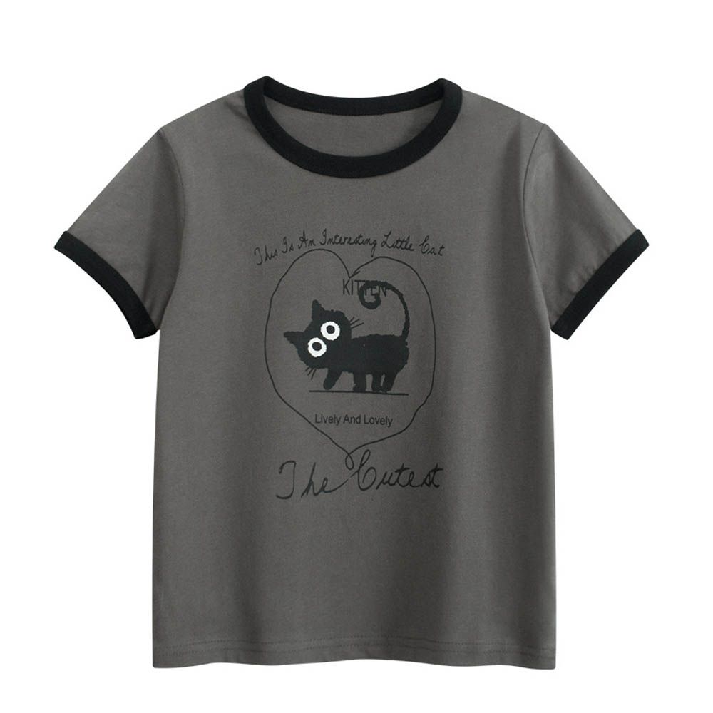 純棉短袖上衣-大眼貓咪-深灰