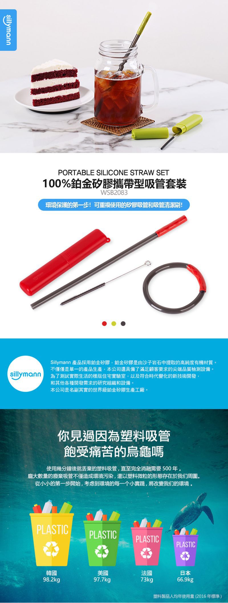 韓國 sillymann - 100%鉑金矽膠攜帶型吸管套裝-紫紅色