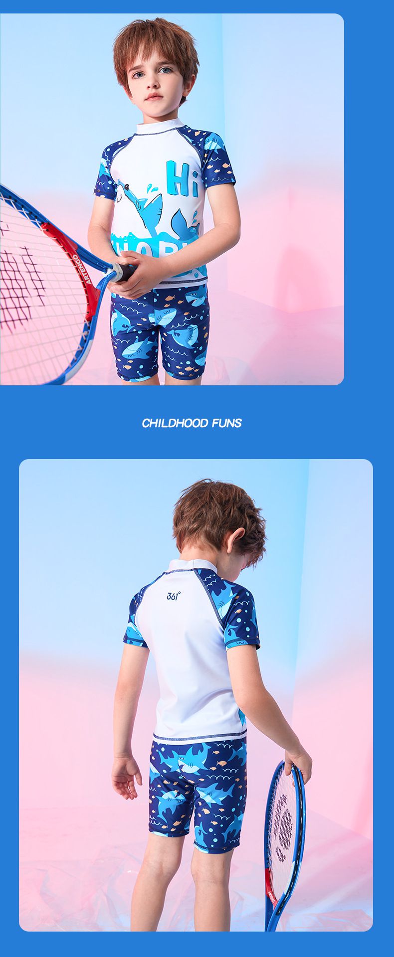 361° - 兒童卡通圖短袖泳衣套裝(二件組)-浮淺鯊魚-粉色