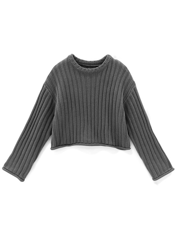 日本 GRL - 圓領坑條短版針織上衣-深灰 (F)