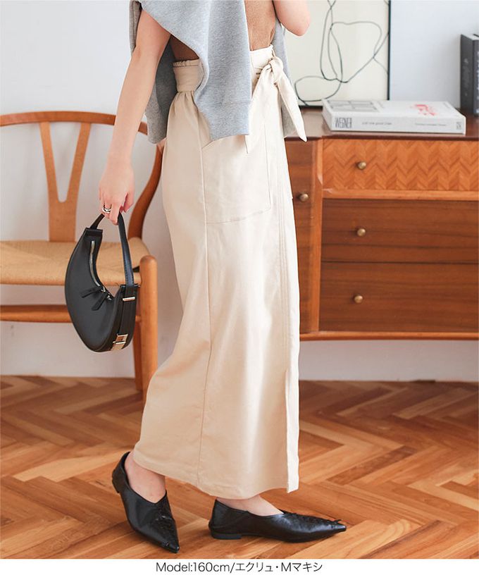 日本 Kobe Lettuce - 可愛扭結修飾彈力開叉長裙-(可選長度)-炭灰