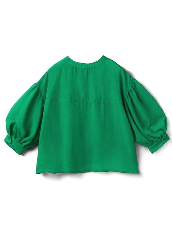 日本 GRL - 光澤感透膚澎袖輕薄七分袖襯衫-黑