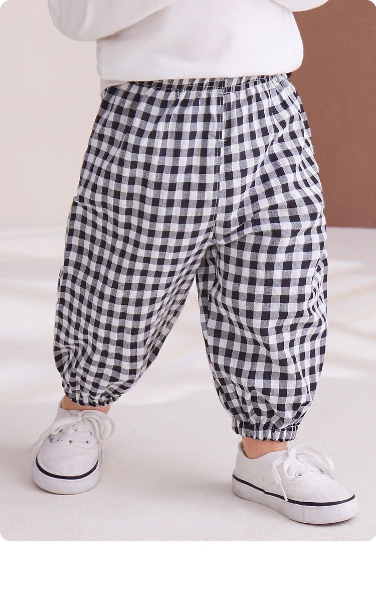格紋束口長褲-黑+白