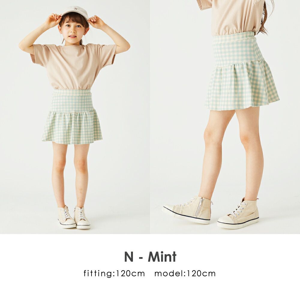 日本 evercloset - 女孩時尚印花鬆緊短裙(有打底褲)-格紋-橘系