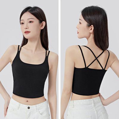 JS - 雙肩帶交叉美背BRA TOP/附罩杯上衣-黑色
