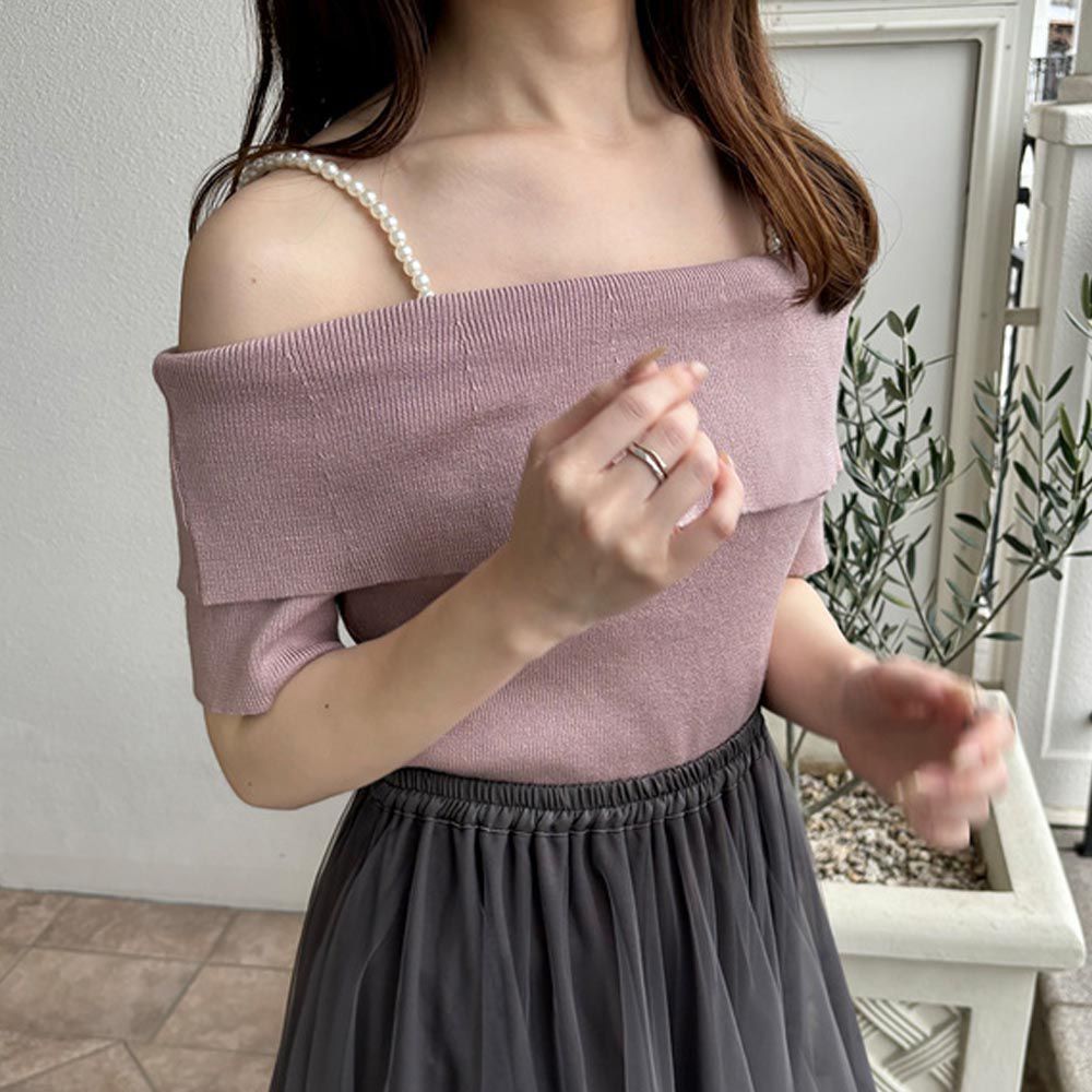 日本 GRL - 珍珠肩帶一字領薄針織上衣-粉紅 (F)