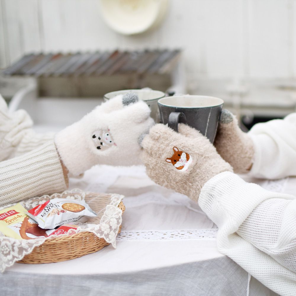 日本 TOMO - 大人可觸控短絨保暖手套-小刺蝟-紅棕