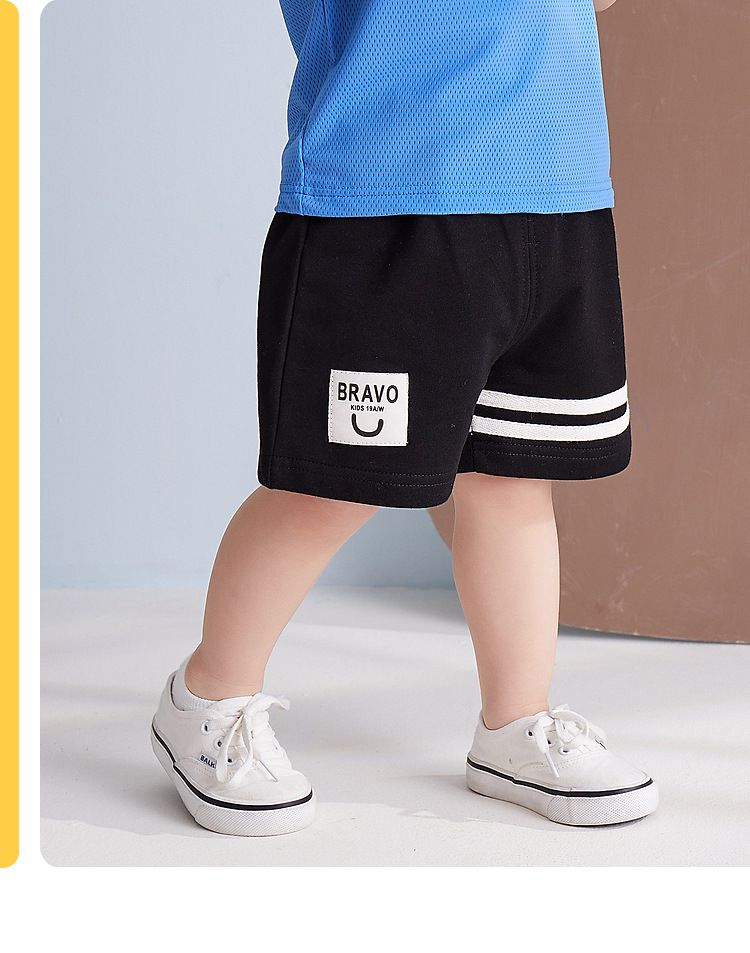 純棉腰鬆緊短褲-條紋款-黑