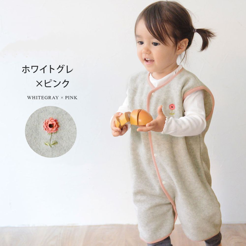 日本 kukka ja puu - 日本製刷毛防踢背心-小花刺繡-灰X粉線條