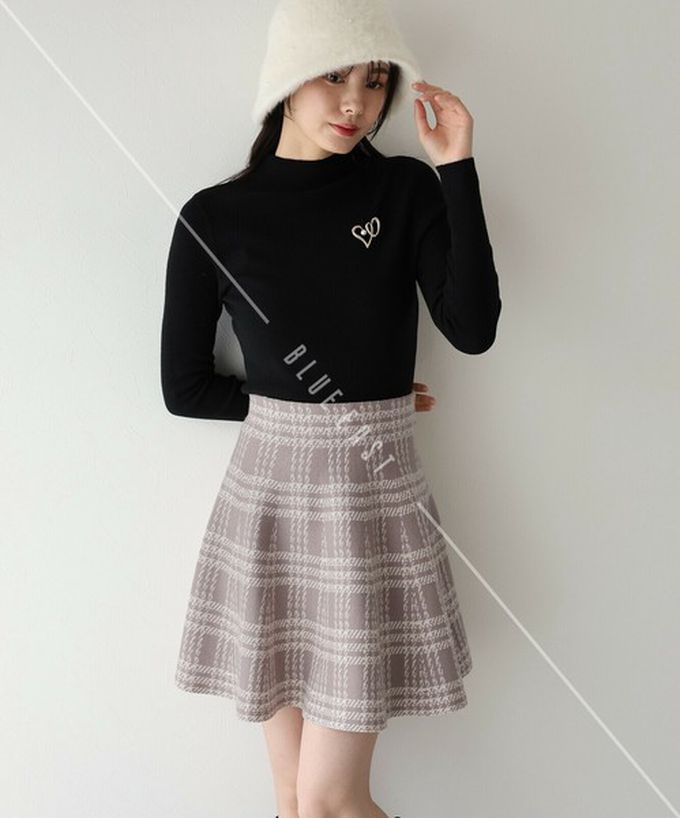 日本 BLUE EAST - 甜心格紋針織迷你短裙-深棕黑