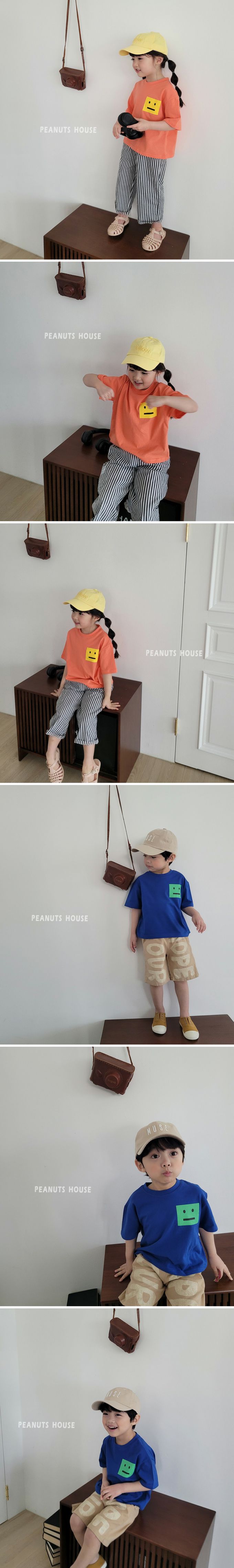 韓國 Peanuts House - 純棉印花圓領短袖上衣-方塊臉-橘