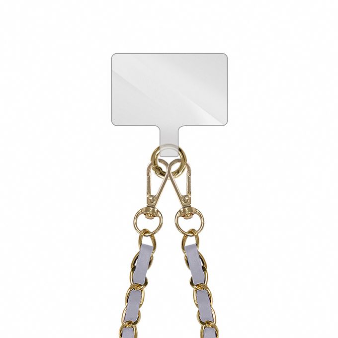 Timo - iPhone/安卓 斜背頸掛手機掛繩背帶組-小香風-金鍊拼皮/小香風灰+金扣夾片