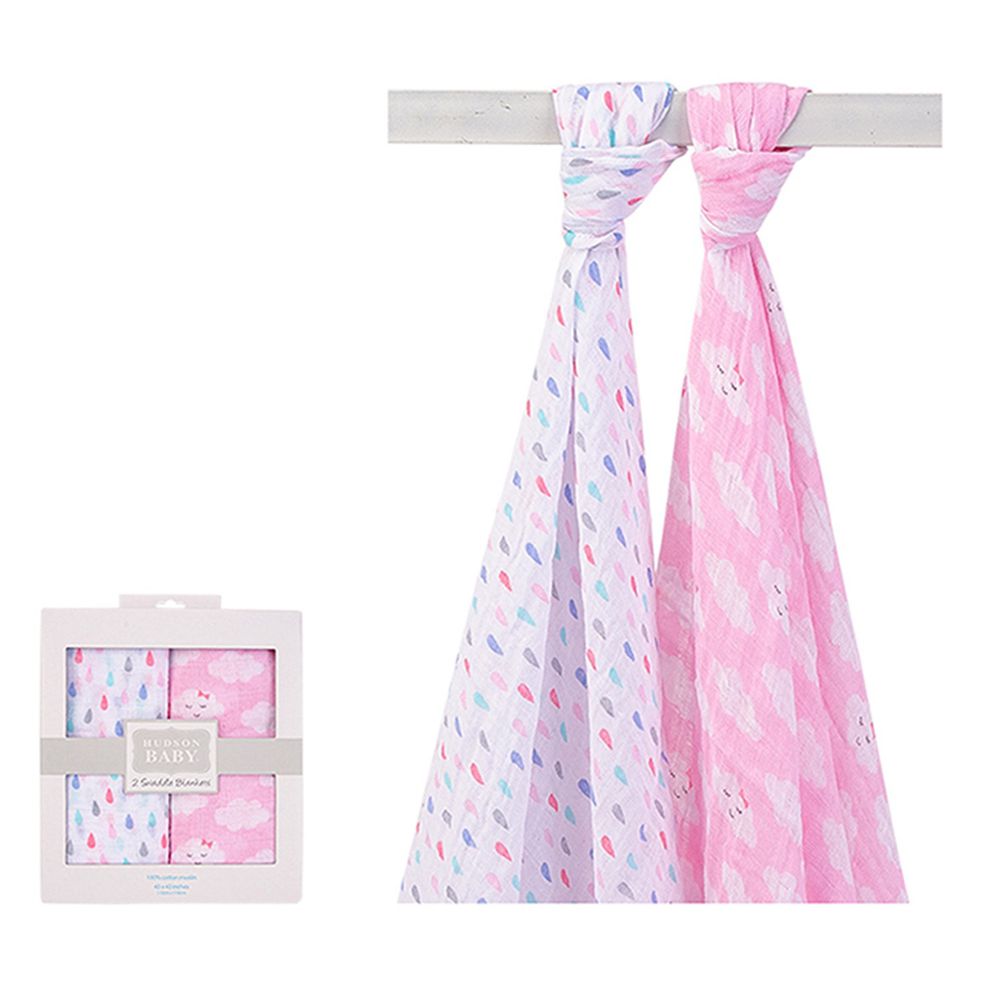 美國 Luvable Friends - 甜蜜寶貝多用途嬰兒棉紗包巾2入禮盒組-粉紅白雲