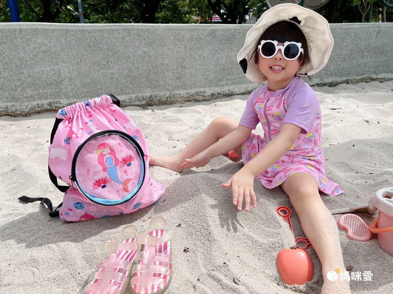 圓領五分袖連身泳裝-小天使-紫色