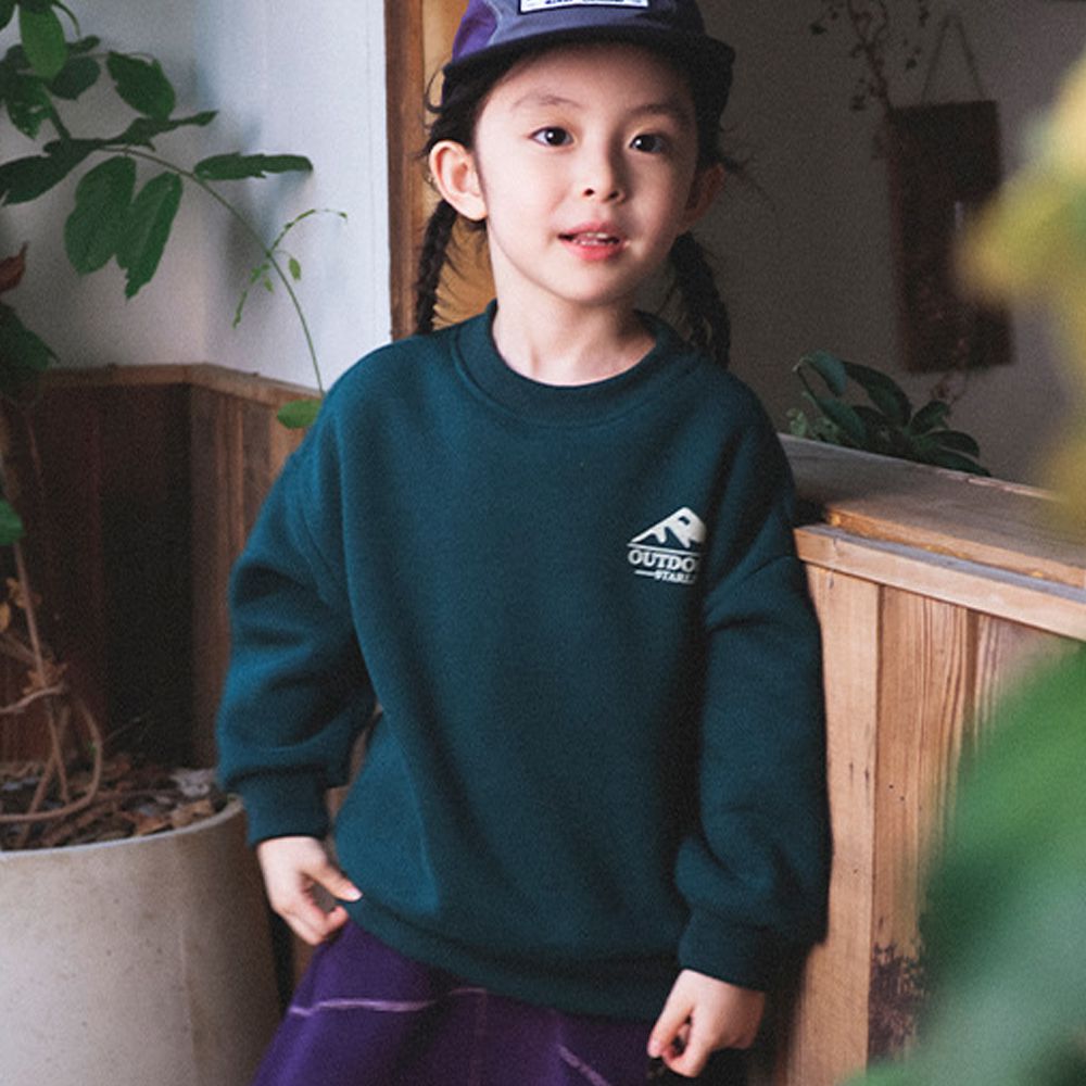 加絨長袖上衣/大學T-前後山系印花-綠色