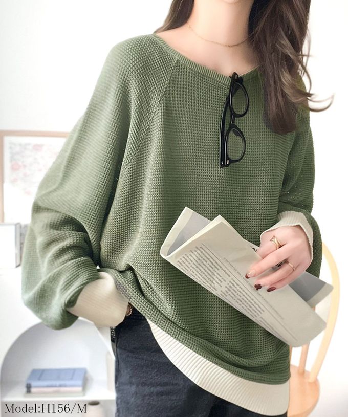 日本 Classical Elf - 透膚華夫格寬大率性長袖上衣-霧藍x米白