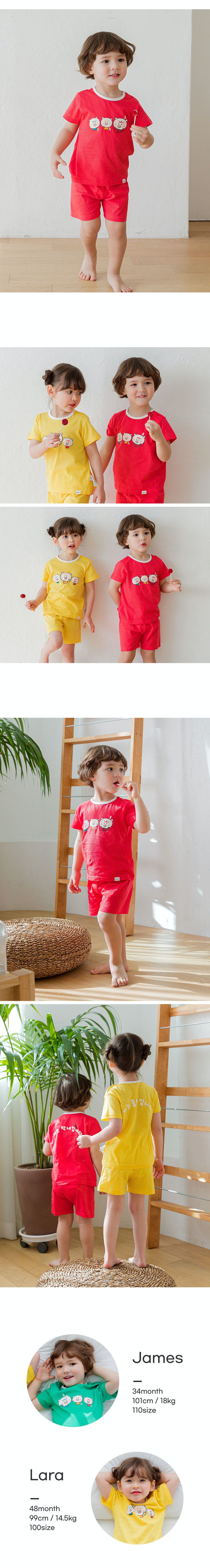 韓國 Cordi-i - 無螢光棉透氣洞洞短袖家居服-三隻小豬-黃