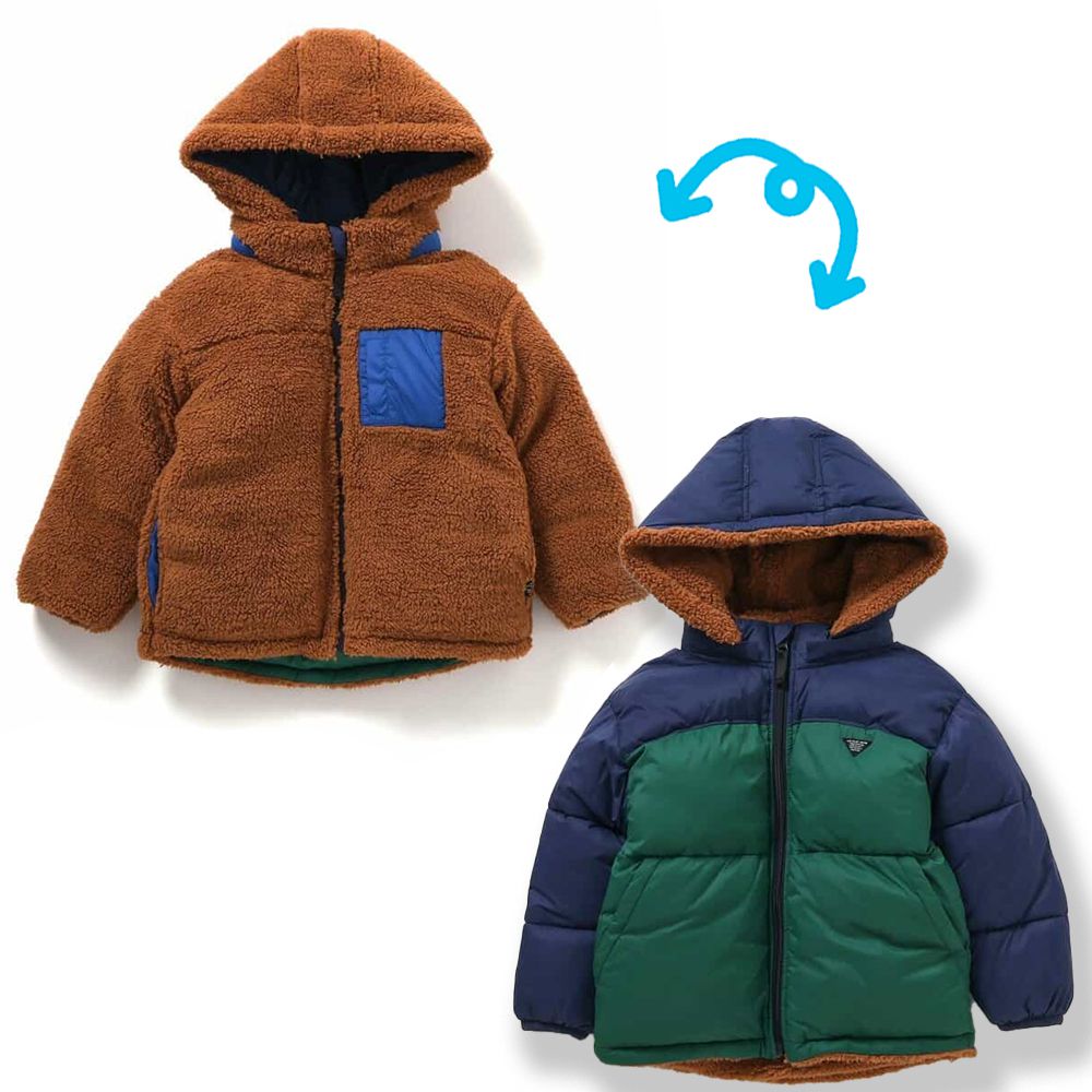 2WAY雙面穿 柔軟毛毛科技羽絨外套(帽可拆)-海軍藍X綠