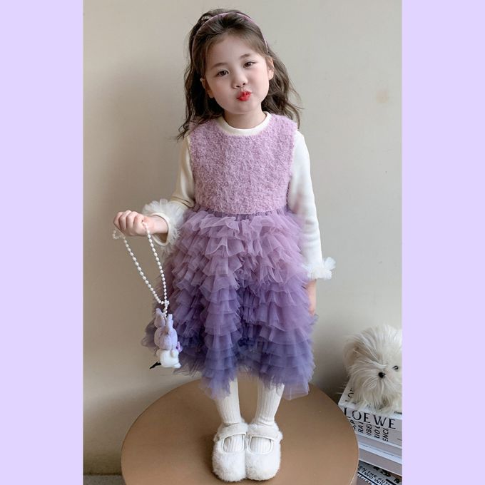 新年生日甜美漸層馬卡龍紫蛋糕網紗長袖洋裝